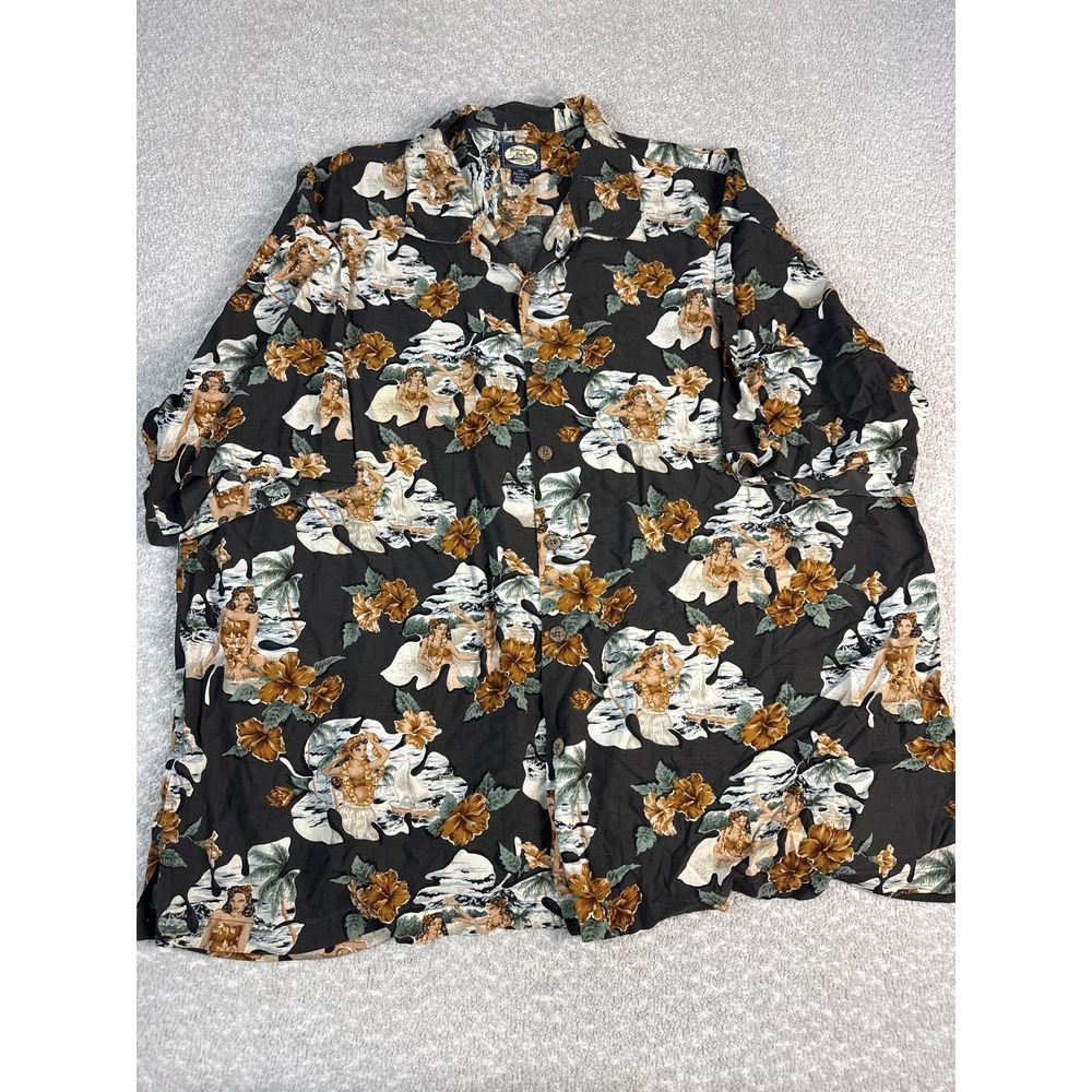 Tommy Bahama Shirt Mens 2XL‎ Black Pin Up Floral Hawaiian Short Sleeve Button Up